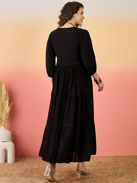 Stylum Women's Black Solid & Embroidered Rayon Tiered Dress with Jacket (DRSBLACKKAYN)