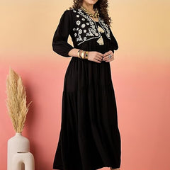 Stylum Women's Black Solid & Embroidered Rayon Tiered Dress with Jacket (DRSBLACKKAYN)