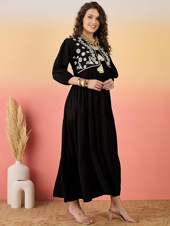 Stylum Women's Black Solid & Embroidered Rayon Tiered Dress with Jacket (DRSBLACKKAYN)
