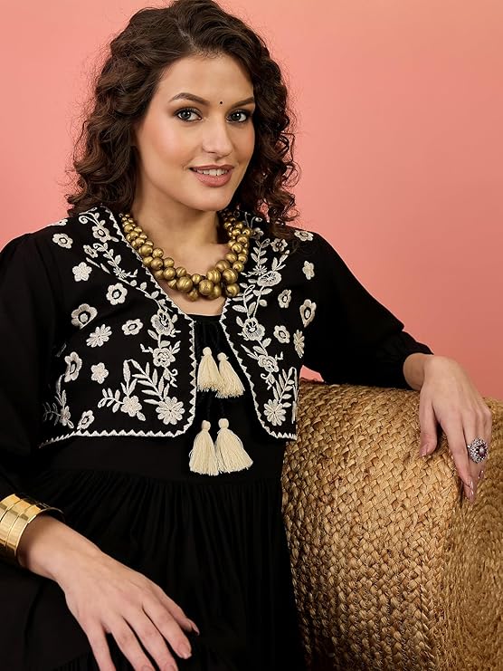 Stylum Women's Black Solid & Embroidered Rayon Tiered Dress with Jacket (DRSBLACKKAYN)