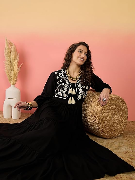 Stylum Women's Black Solid & Embroidered Rayon Tiered Dress with Jacket (DRSBLACKKAYN)