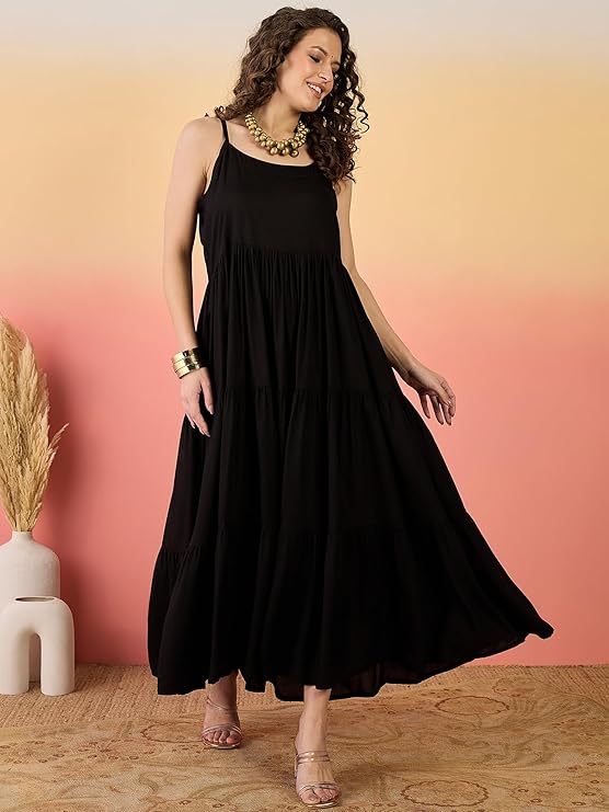 Stylum Women's Black Solid & Embroidered Rayon Tiered Dress with Jacket (DRSBLACKKAYN)