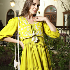 Stylum Women's Corn Solid & Embroidered Rayon Tiered Dress with Jacket (DRSCORNKAY)