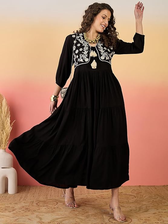 Stylum Women's Black Solid & Embroidered Rayon Tiered Dress with Jacket (DRSBLACKKAYN)