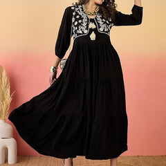 Stylum Women's Black Solid & Embroidered Rayon Tiered Dress with Jacket (DRSBLACKKAYN)