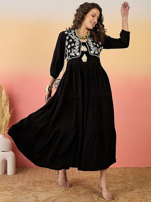 Stylum Women's Black Solid & Embroidered Rayon Tiered Dress with Jacket (DRSBLACKKAYN)
