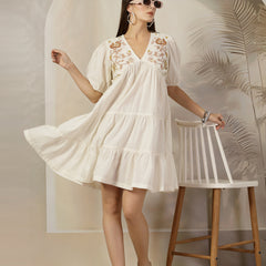 Stylum Women's Cream Solid & Embroidered Cotton Flared Dress (DRSCREAMLIMBO)