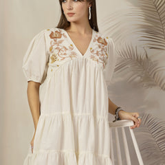 Stylum Women's Cream Solid & Embroidered Cotton Flared Dress (DRSCREAMLIMBO)