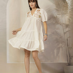 Stylum Women's Cream Solid & Embroidered Cotton Flared Dress (DRSCREAMLIMBO)