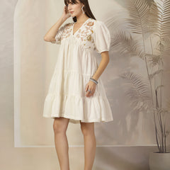 Stylum Women's Cream Solid & Embroidered Cotton Flared Dress (DRSCREAMLIMBO)