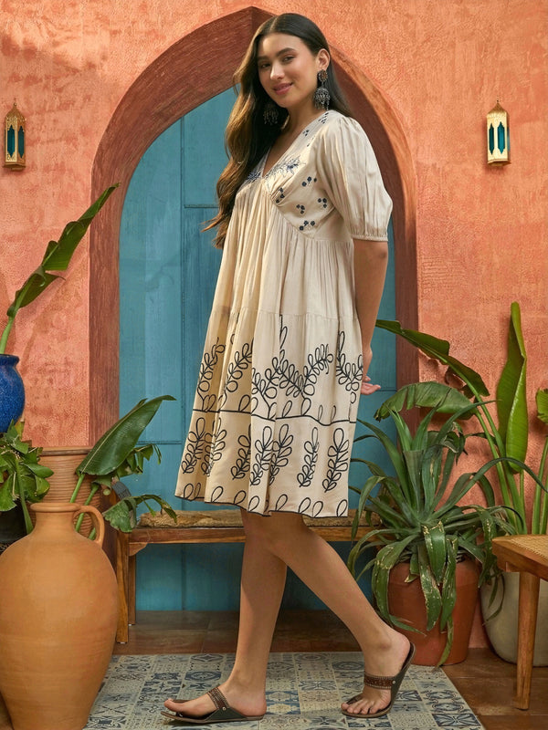 Stylum Women's Cream Solid & Embroidered Rayon Empire Dress (DRSCREAMPANJIRI)