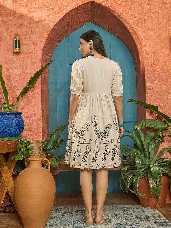 Stylum Women's Cream Solid & Embroidered Rayon Empire Dress (DRSCREAMPANJIRI)