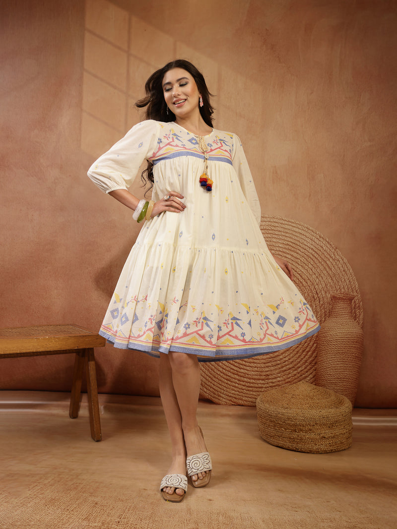 Stylum Women's Cream Solid & Embroidered Cotton Tiered Dress (DRSCREAMREXO)