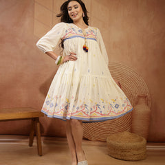 Stylum Women's Cream Solid & Embroidered Cotton Tiered Dress (DRSCREAMREXO)