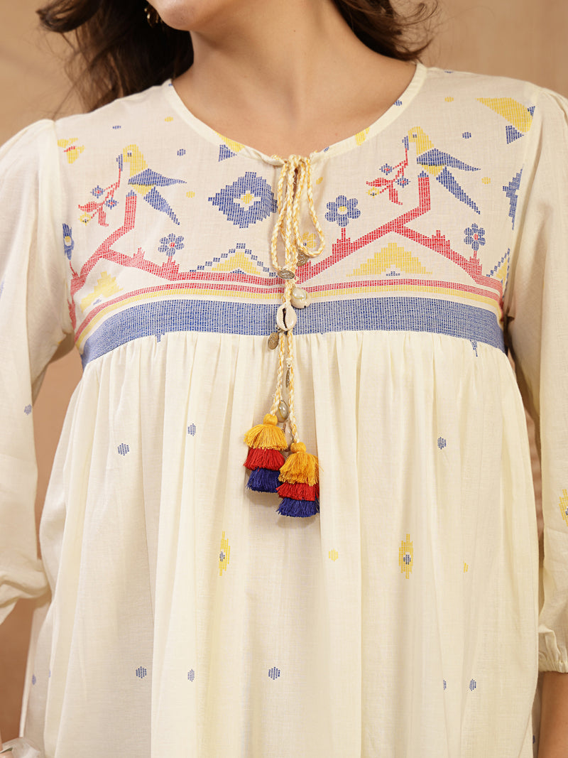Stylum Women's Cream Solid & Embroidered Cotton Tiered Dress (DRSCREAMREXO)