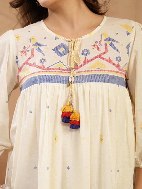 Stylum Women's Cream Solid & Embroidered Cotton Tiered Dress (DRSCREAMREXO)