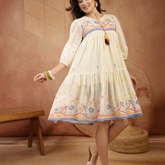 Stylum Women's Cream Solid & Embroidered Cotton Tiered Dress (DRSCREAMREXO)