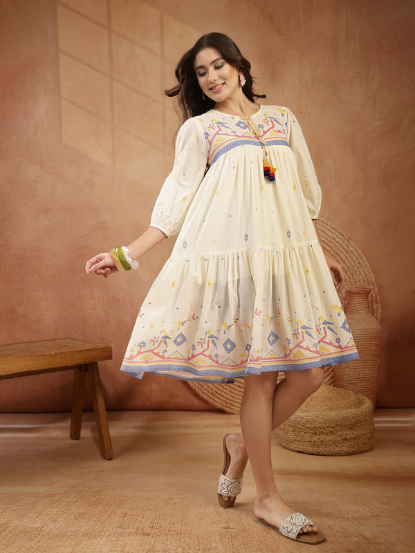 Stylum Women's Cream Solid & Embroidered Cotton Tiered Dress (DRSCREAMREXO)