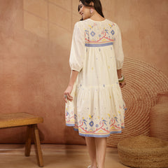 Stylum Women's Cream Solid & Embroidered Cotton Tiered Dress (DRSCREAMREXO)