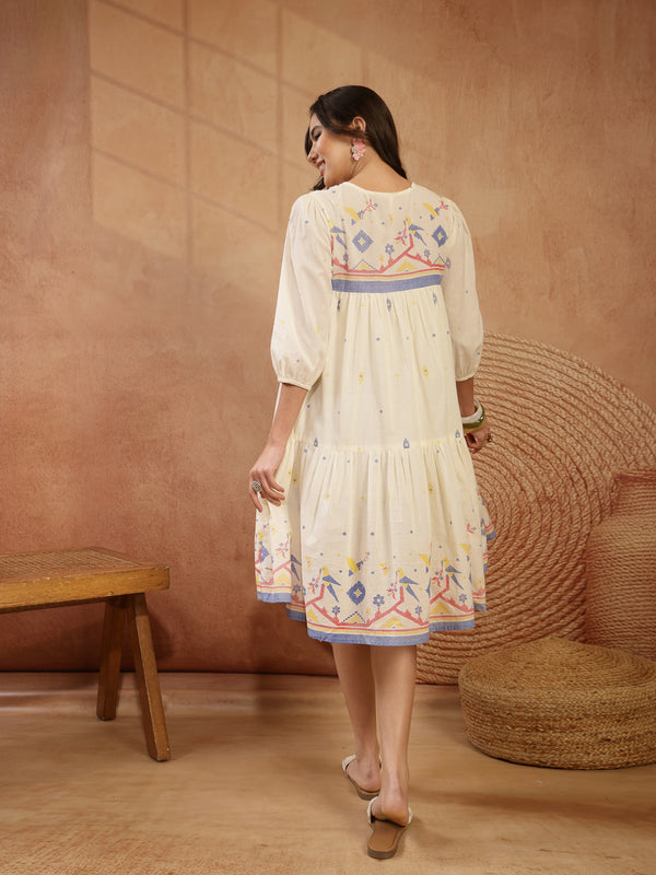 Stylum Women's Cream Solid & Embroidered Cotton Tiered Dress (DRSCREAMREXO)