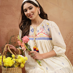 Stylum Women's Cream Solid & Embroidered Cotton Tiered Dress (DRSCREAMREXO)