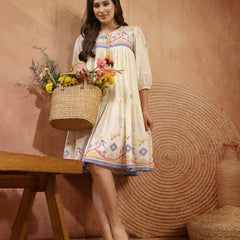 Stylum Women's Cream Solid & Embroidered Cotton Tiered Dress (DRSCREAMREXO)