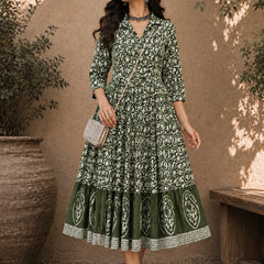 Stylum Women's Green Dabu Printed Cotton Flared Dress (DRSGREENBATRA)
