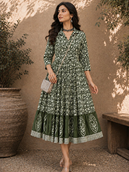Stylum Women's Green Dabu Printed Cotton Flared Dress (DRSGREENBATRA)