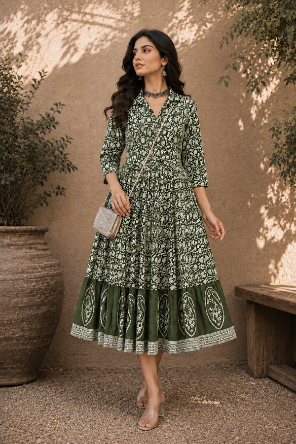 Stylum Women's Green Dabu Printed Cotton Flared Dress (DRSGREENBATRA)