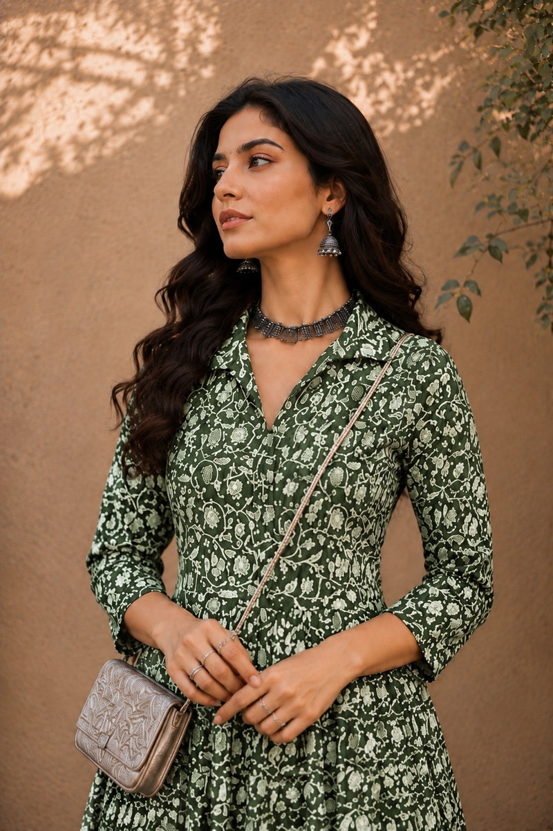 Stylum Women's Green Dabu Printed Cotton Flared Dress (DRSGREENBATRA)