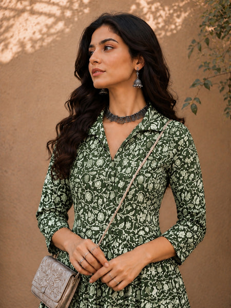 Stylum Women's Green Dabu Printed Cotton Flared Dress (DRSGREENBATRA)