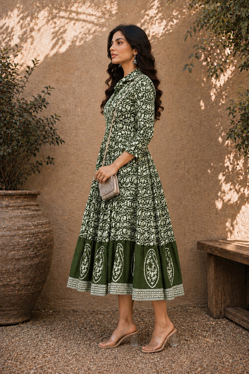 Stylum Women's Green Dabu Printed Cotton Flared Dress (DRSGREENBATRA)