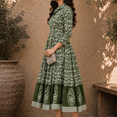 Stylum Women's Green Dabu Printed Cotton Flared Dress (DRSGREENBATRA)
