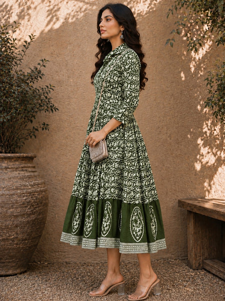 Stylum Women's Green Dabu Printed Cotton Flared Dress (DRSGREENBATRA)