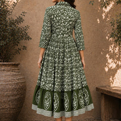Stylum Women's Green Dabu Printed Cotton Flared Dress (DRSGREENBATRA)