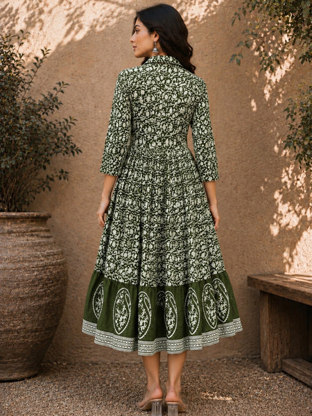 Stylum Women's Green Dabu Printed Cotton Flared Dress (DRSGREENBATRA)