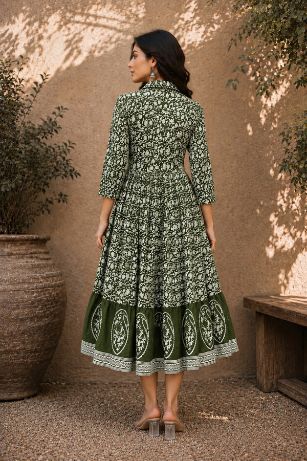 Stylum Women's Green Dabu Printed Cotton Flared Dress (DRSGREENBATRA)