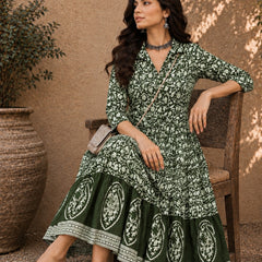 Stylum Women's Green Dabu Printed Cotton Flared Dress (DRSGREENBATRA)