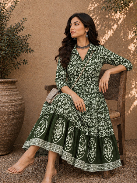 Stylum Women's Green Dabu Printed Cotton Flared Dress (DRSGREENBATRA)