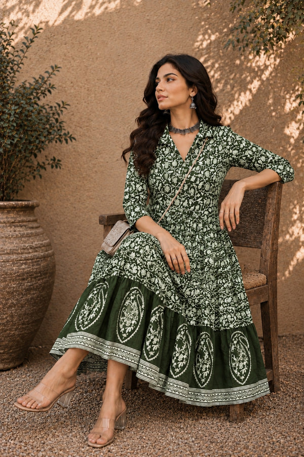 Stylum Women's Green Dabu Printed Cotton Flared Dress (DRSGREENBATRA)