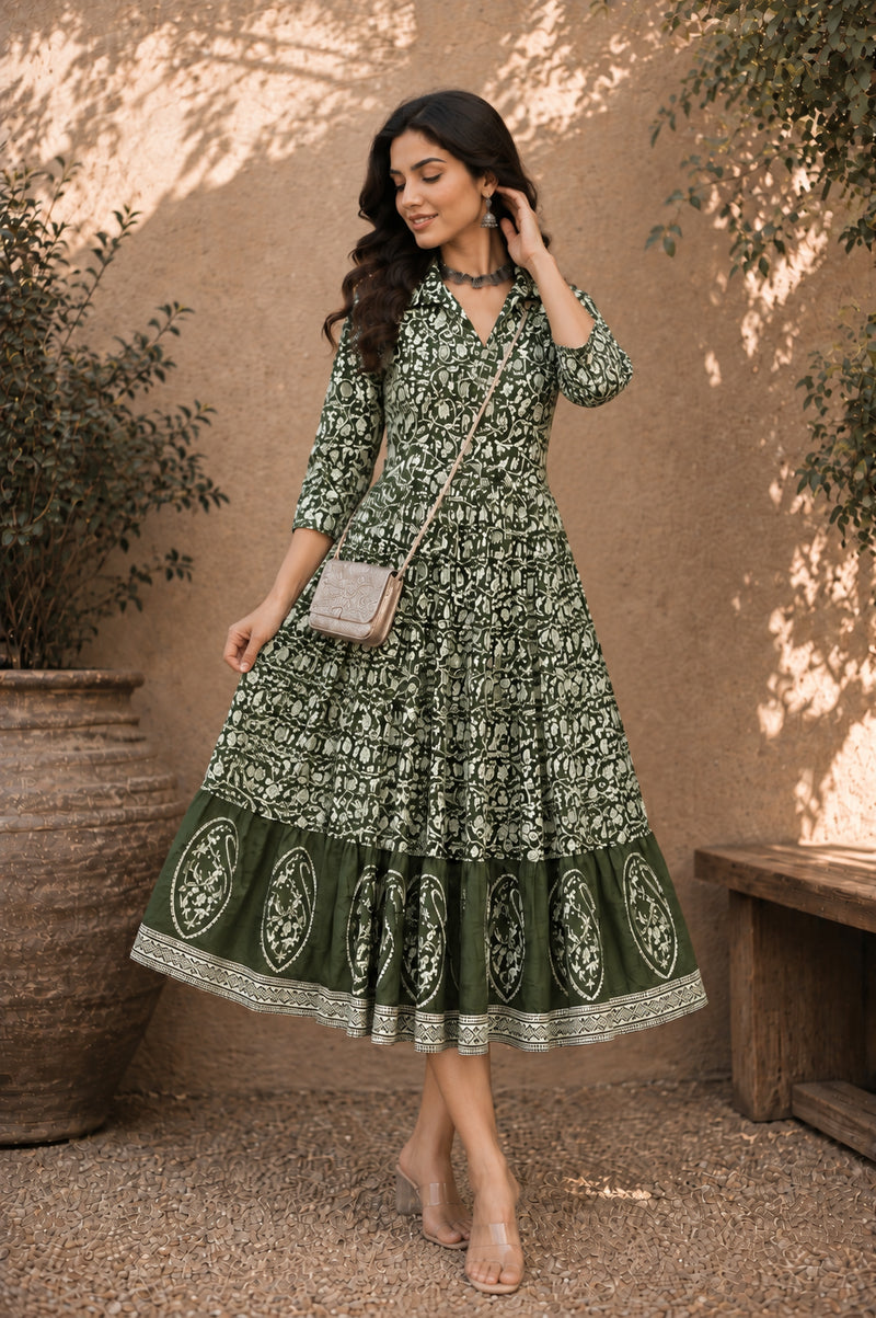 Stylum Women's Green Dabu Printed Cotton Flared Dress (DRSGREENBATRA)