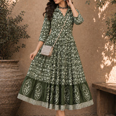 Stylum Women's Green Dabu Printed Cotton Flared Dress (DRSGREENBATRA)