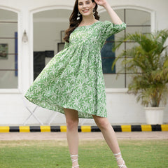 Stylum Women's Tropical Printed Cotton Pleated A-Line Dress (DRSGREENCOOLER)
