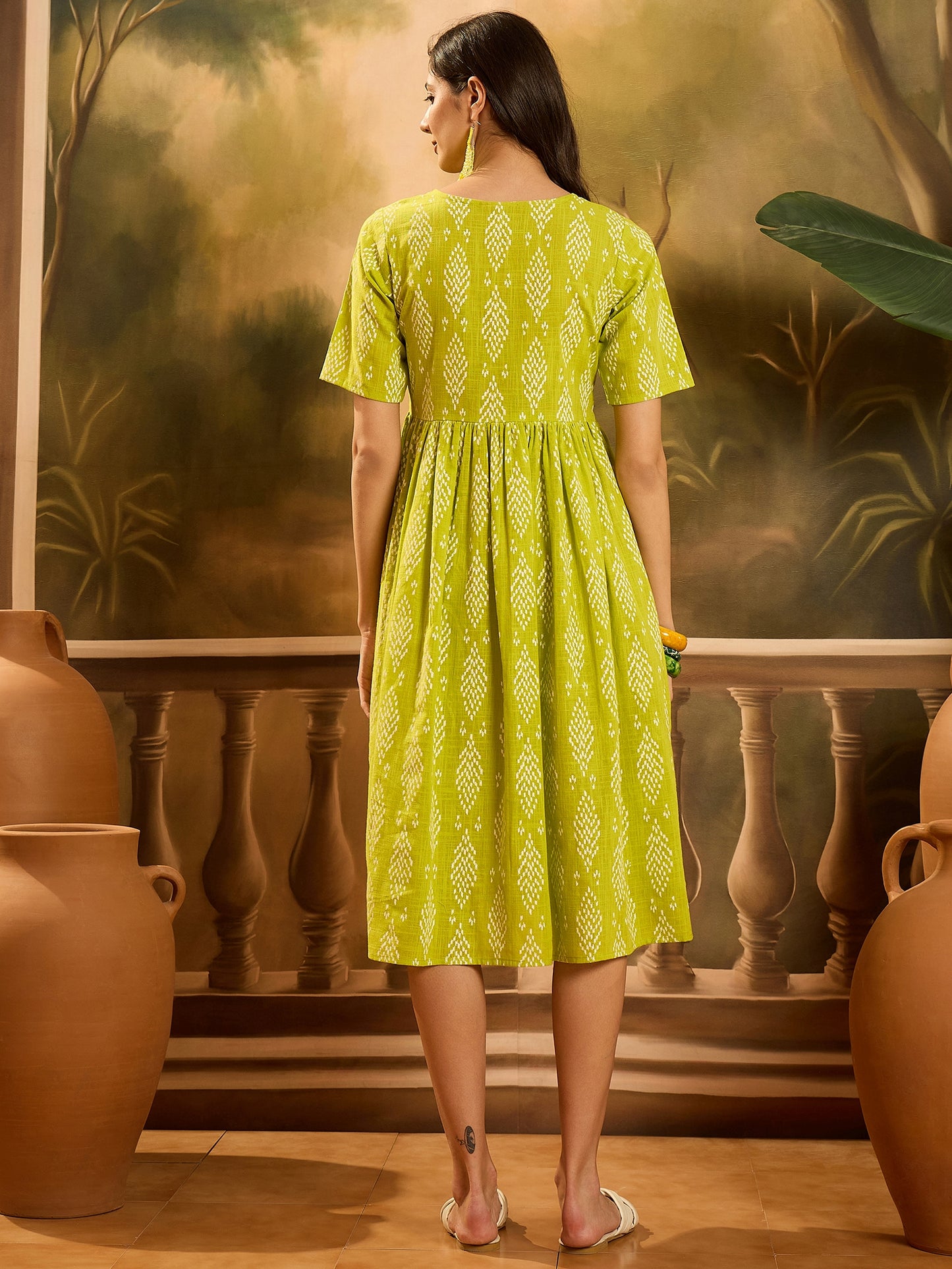 Stylum Women's Green Printed Cotton A-Line Dress (DRSGREENCULT)