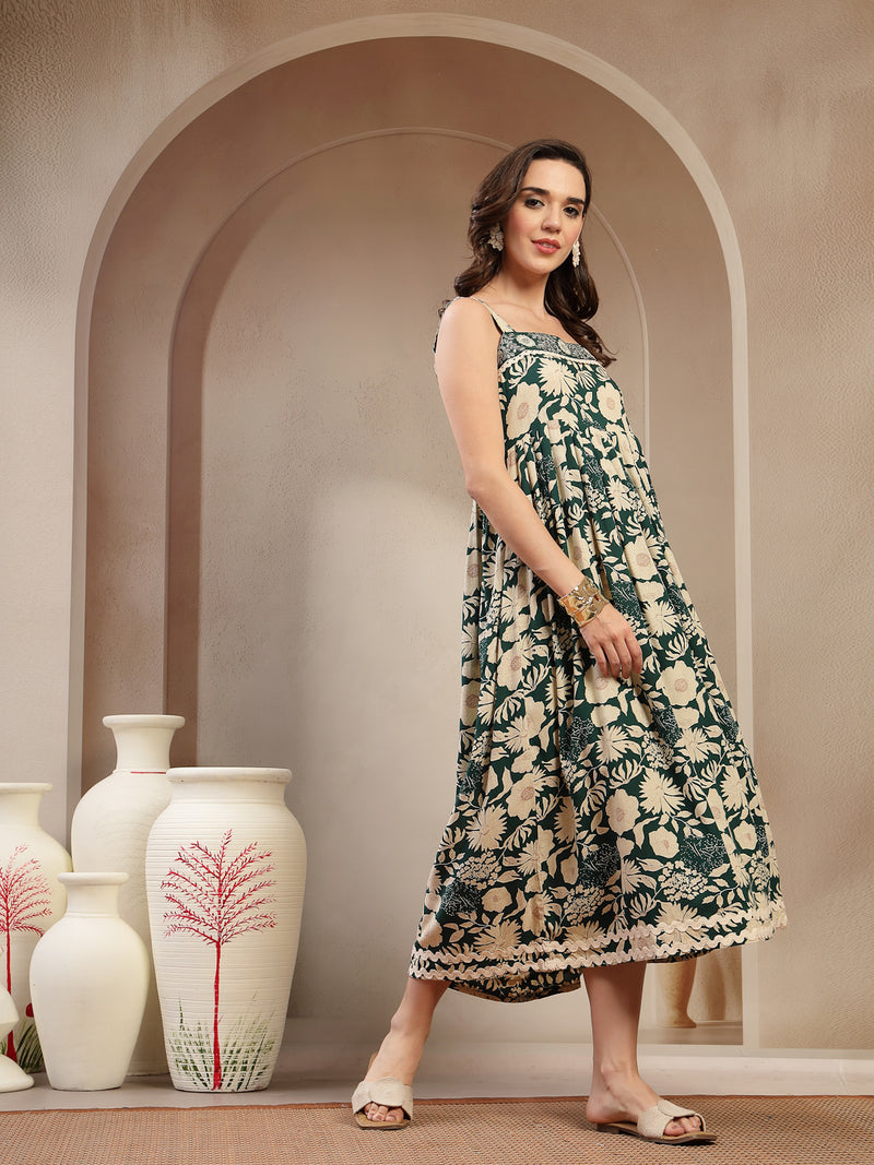Stylum Women's Green Floral Printed Rayon Empire Dress (DRSGREENFLOW)