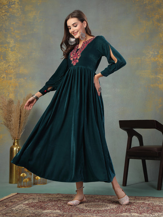 Stylum Women's Green Solid & Embroidered Velvet Long Flared Dress (DRSGREENGULUNA)