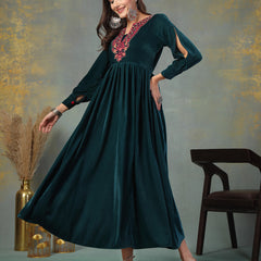 Stylum Women's Green Solid & Embroidered Velvet Long Flared Dress (DRSGREENGULUNA)