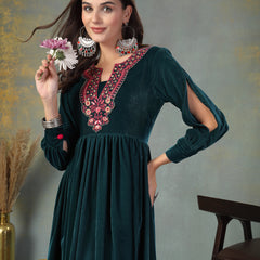 Stylum Women's Green Solid & Embroidered Velvet Long Flared Dress (DRSGREENGULUNA)