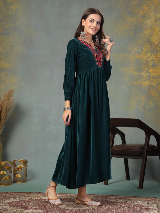 Stylum Women's Green Solid & Embroidered Velvet Long Flared Dress (DRSGREENGULUNA)