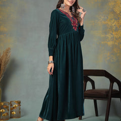 Stylum Women's Green Solid & Embroidered Velvet Long Flared Dress (DRSGREENGULUNA)